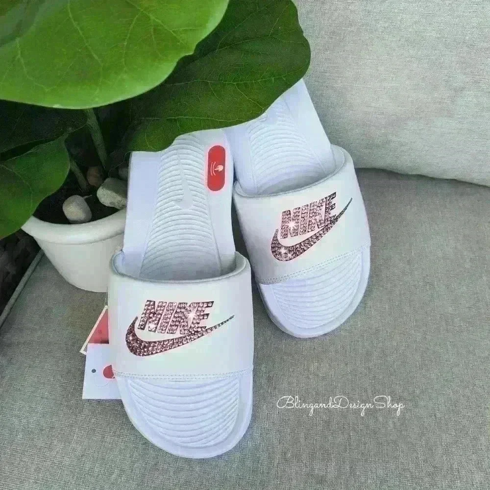 Nike Victori One Slide Sandals Custom with Pink Crystal Rhinestones Bling Nikes